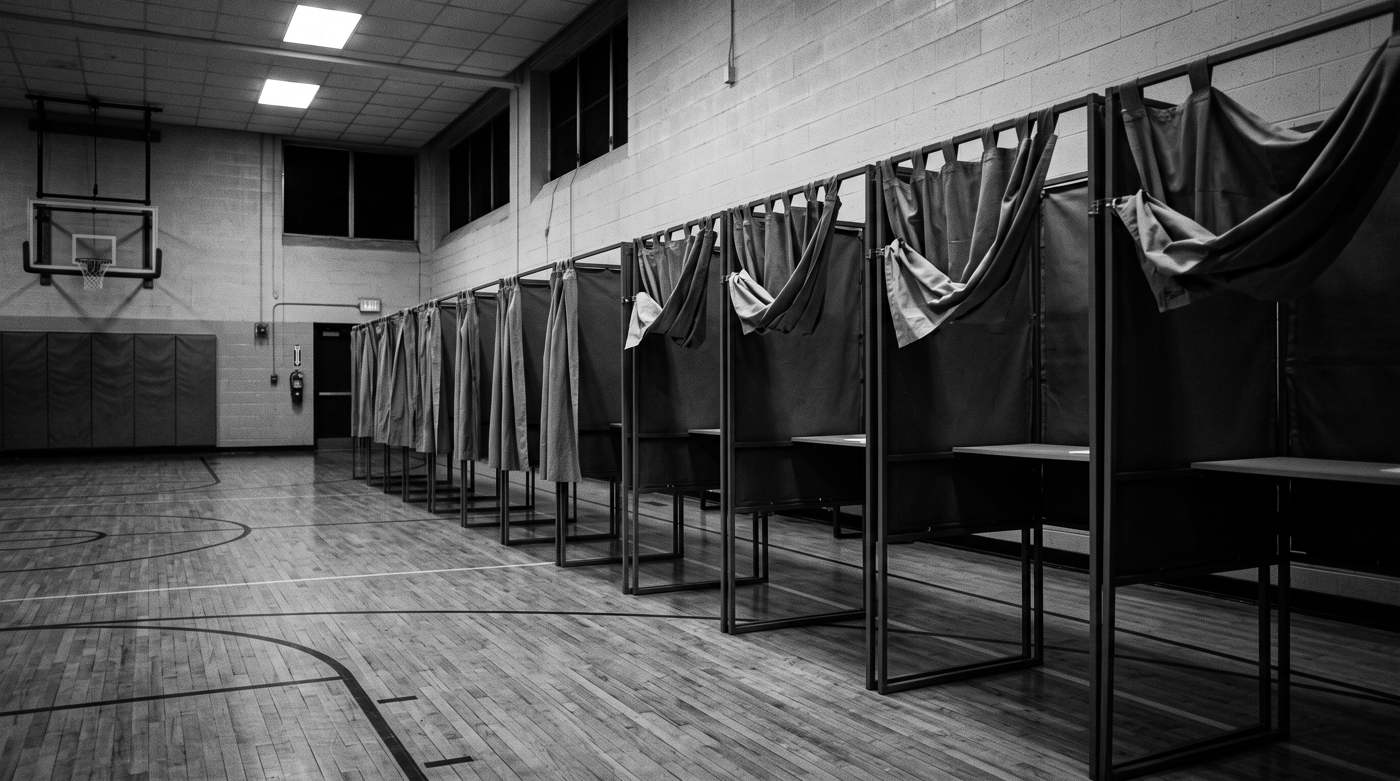 A row of empty voting booths in a school gymnasium