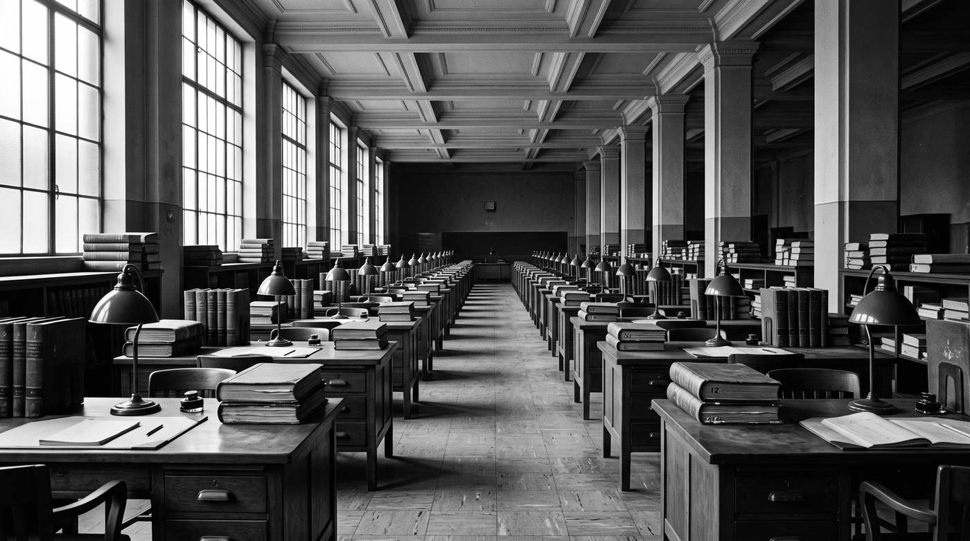 An empty accounting hall, rows of desks and bound ledgers
