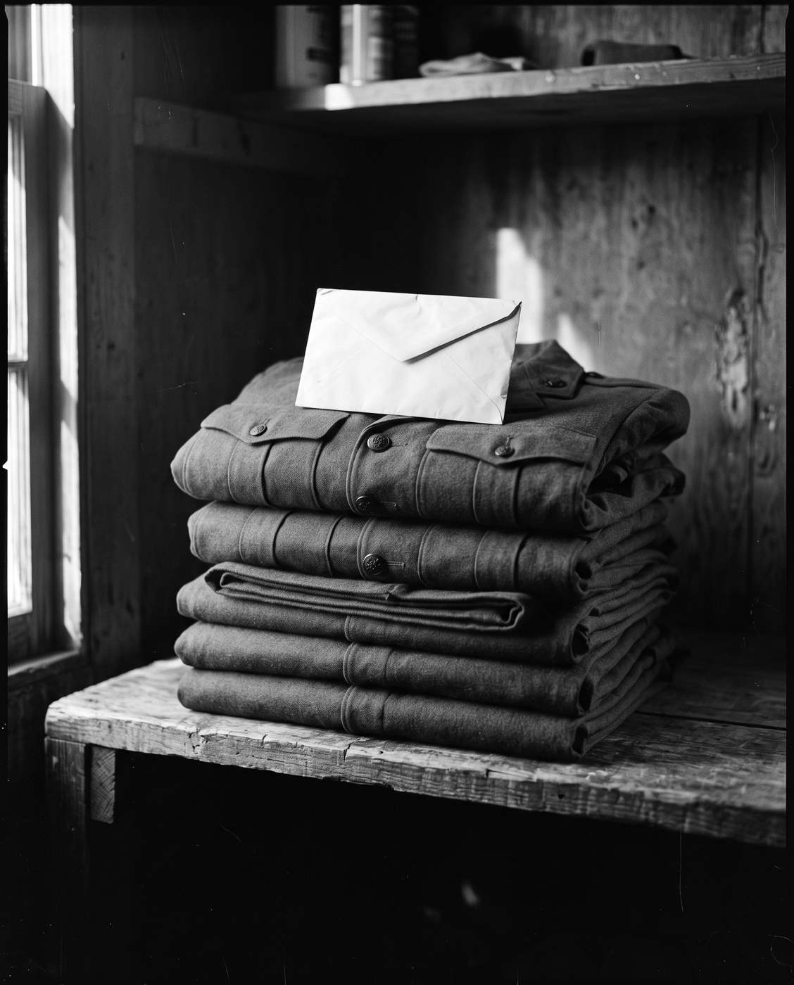 Folded uniforms on a barracks shelf, an envelope on top